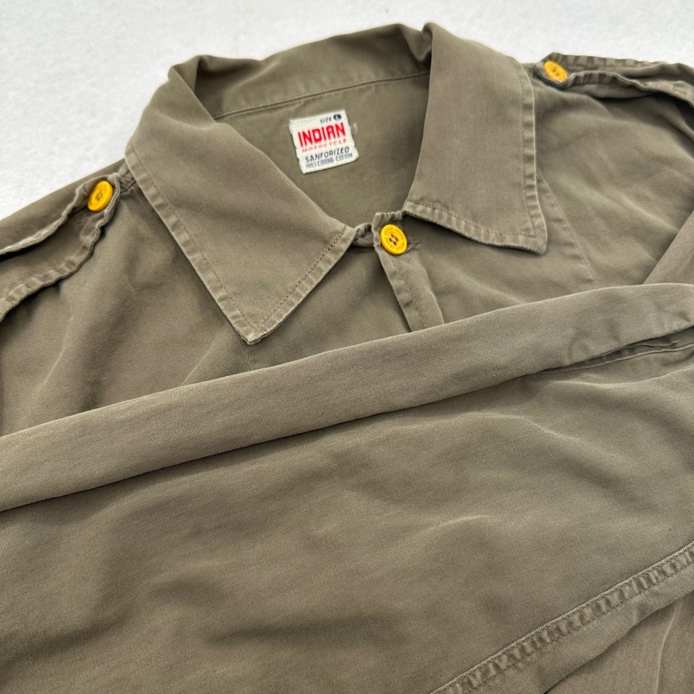 Indian Motocycle Mens Large Olive Cotton Twill Military Field Shirt Epaulets VTG